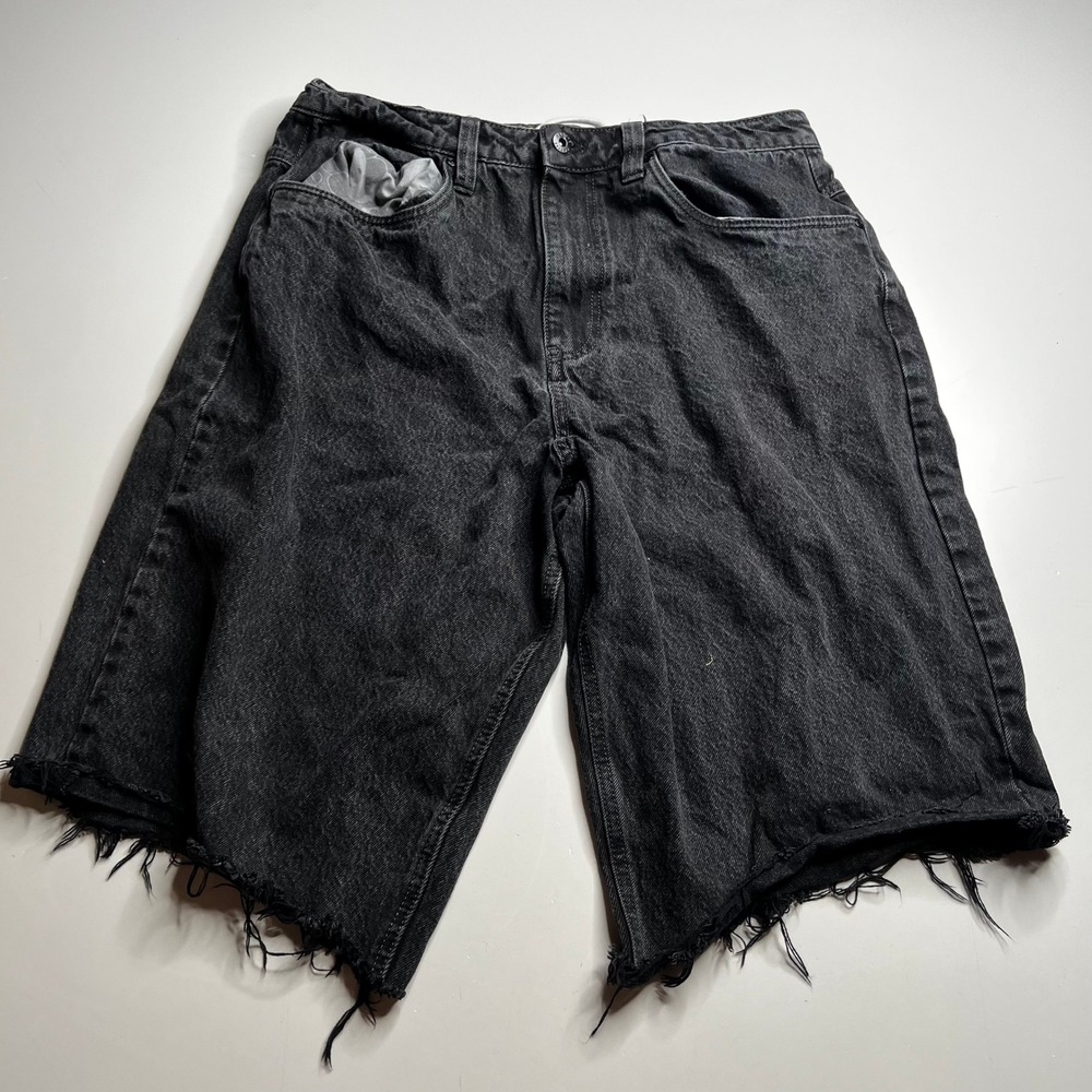 Empyre Mens Black Denim Shorts Relaxed Fit Frayed Hem Skate‎ Streetwear Size 34